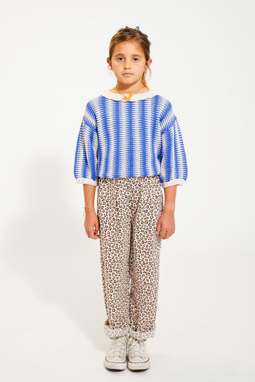 Gebreide top met kraagje - ecru & blauw